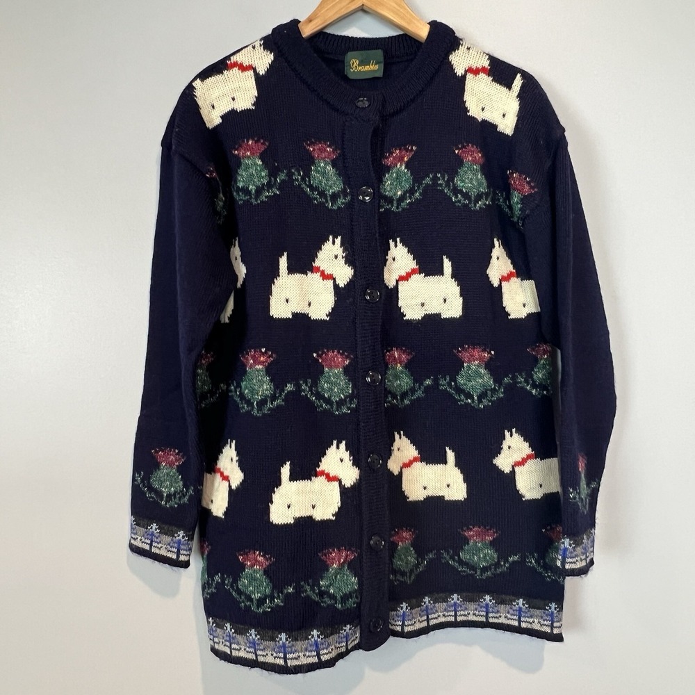 Brambles Cardigan Sweater Size Medium White Scottie Dog Terrier Schnauzer Vtg